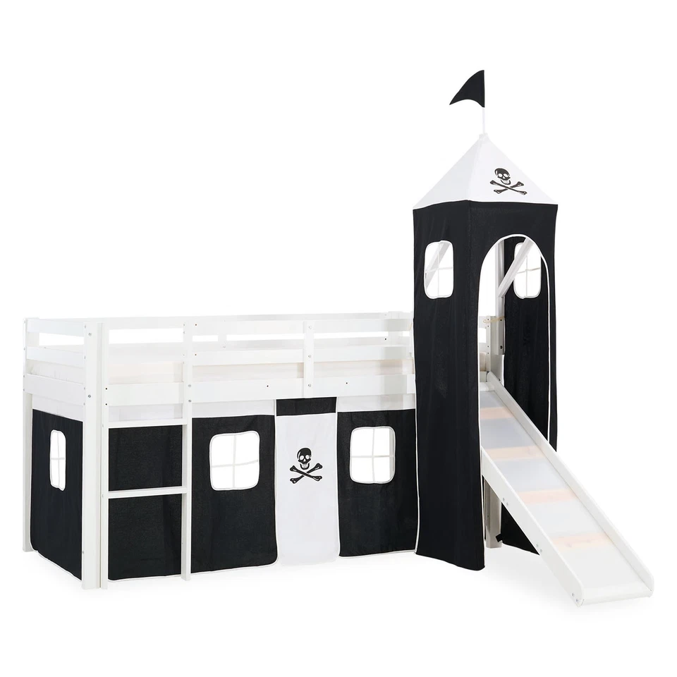 Hochbett 90x200 Kinderbett mit Rutsche Weiß Stockbett Vorhang Turm Homestyle4u - Bild 2 von 4