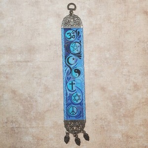 Blue Mini Tapestry Woven Wall Hang w Metal Accents Multi Religion Spirituality