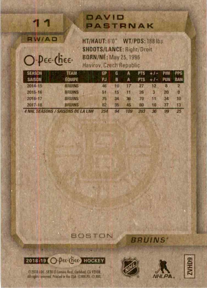 2018-19 O-Pee-Chee David Pastrnak #11 - Image 2 of 2