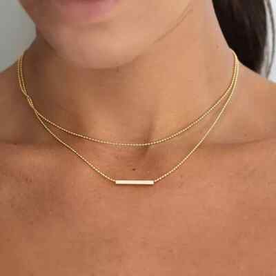 18K Gold-Plated Stainless Steel Two-Layer Bar-Bead Necklace for Women