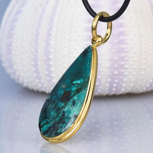 Pendant Gold Vermeil Sterling & Rare Gem Silica Chrysocolla Bacan Cabochon 7.48g - Picture 5 of 10