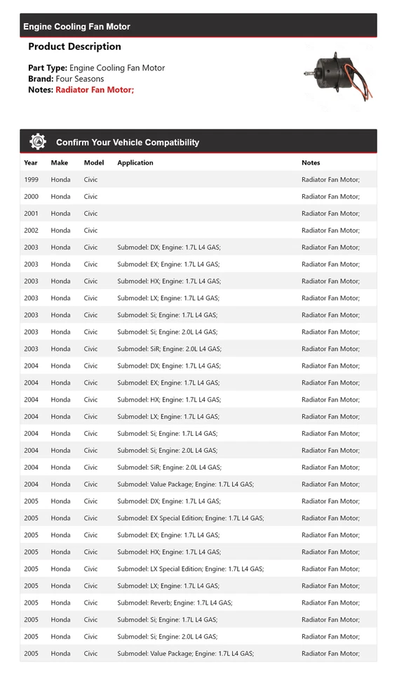 Ventilador de refrigeración motor Honda Civic 1999-2005 4 estaciones 2000 2001 2002 2003 Foto 2 de 4