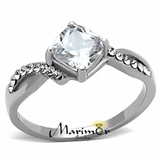Stainless Steel High Polished .915 Ct Square Cut CZ Engagement / Promise Ring