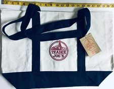 Trader Joe’s Heavy Duty Large Reusable Canvas Tote Bag Blue White w Embroidered