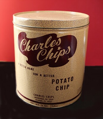 Vintage Charles Chips Tin, 16 0z. Calhoun, KY 16 0z. w/Lid 9-1/4'' Tall