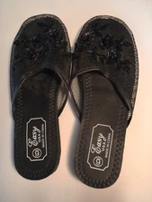 EASY USA WOMEN'S SLIP ON BLACK SEE THROUGH WITH BEADED FLOWERS/LEAVES SIZE 6