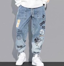 Men Blue Gray Printed Straight Leg Denim Jeans Strap Punk Hip Hop Pants Trousers