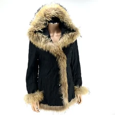FUR JACKET Genuine Real Raccoon Fur SIZE SMALL Black Fur Trimmed Lined Coat