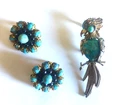 Antique Vintage Turquoise Earrings and Brooch