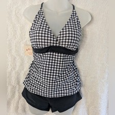    MARINA WEST Black White Gingham Tankini Set Sz XL Swimsuit Shorts Two Piece