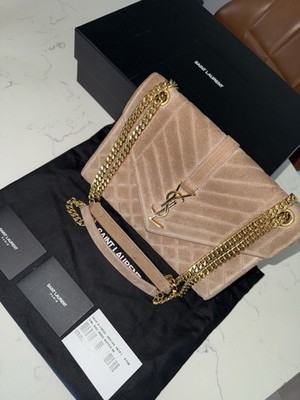 Saint Laurent Envelope Small Beige Quilted Chain Shoulder Bag Gold Hardware