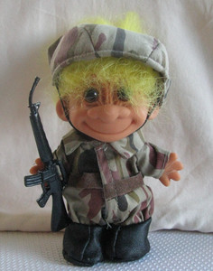 Vintage collectible Russ Military Troll doll with yellow hair