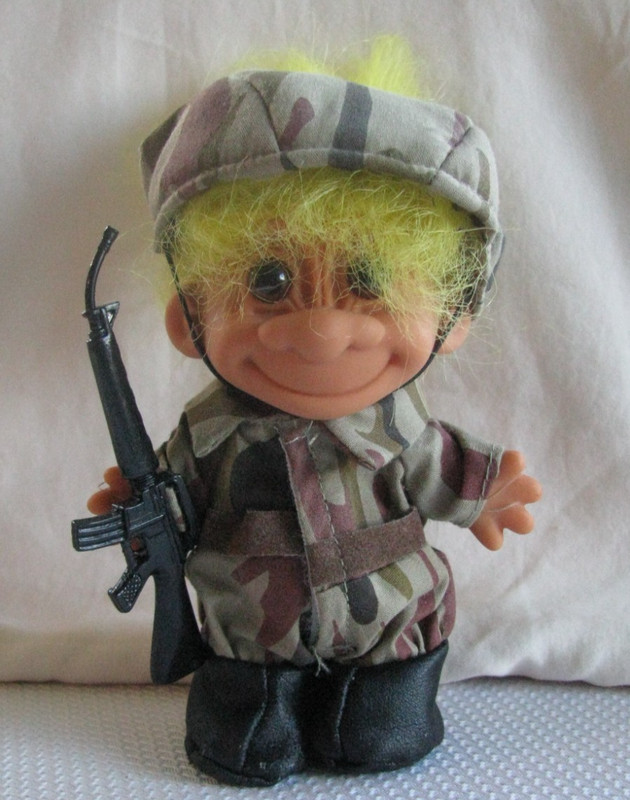 Vintage collectible Russ Military Troll doll with yellow hair