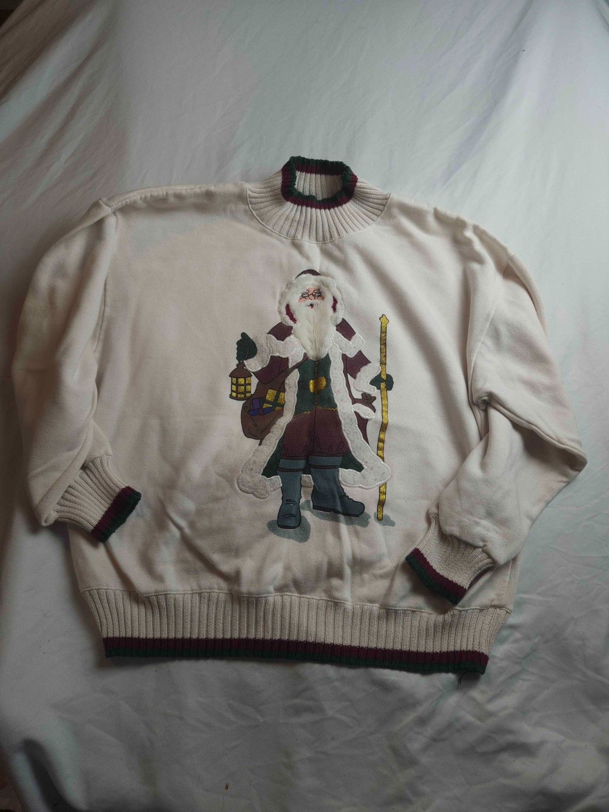 Sports Accent Santa Claus Sweatshirt Mens XL White Vintage Christmas Puffy Print