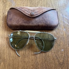 Vtg 1940s BAUSCH  LOMB WWII Aviator Green Lenses Silver Frame SUNGLASSES w/Case