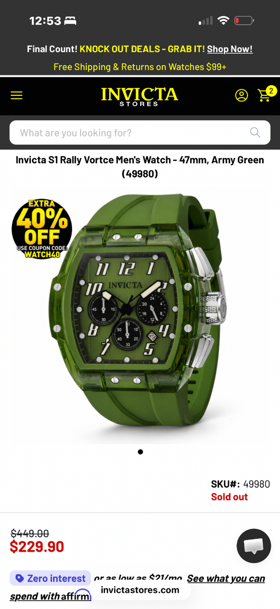Invicta S1 Rally Vortce Men's Watch - 47mm, Army Green (49980