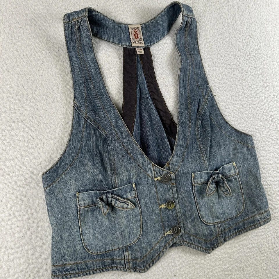 Chaleco Decree Vintage Mujer XL Azul Denim Jean Espalda Corredora Recortado Años 2000 Y2K Foto 4 de 4