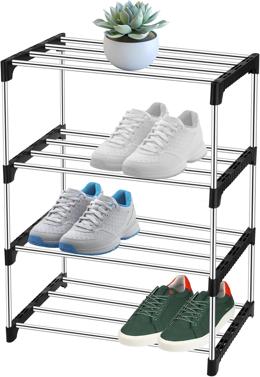 Shoe Rack Small, Stable 4 Tier Shoe Rack with Thick Steel Tubes, Space-saving Co