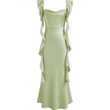 Cider Sage Green Satin Cowl Neck Ruffle Maxi Dress Formal Bridesmaid Prom NWT