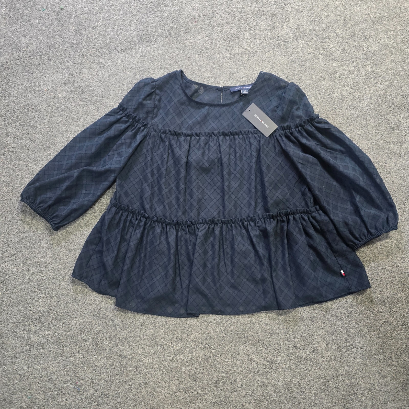 Tommy Hilfiger Top Women Size Small Blue Sheer Plaid Lined Tiered Casual Flowy