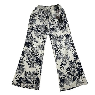 Soundstyle by Beau Dawson Linen Blend Floral Wide Leg Pants White Navy Medium