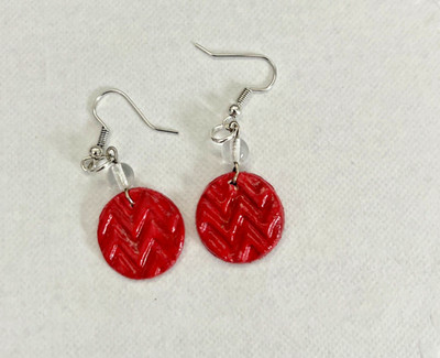 HANDCRAFTED CLAY RED pierced earrings, red with clear beads- dangles-, GIFT