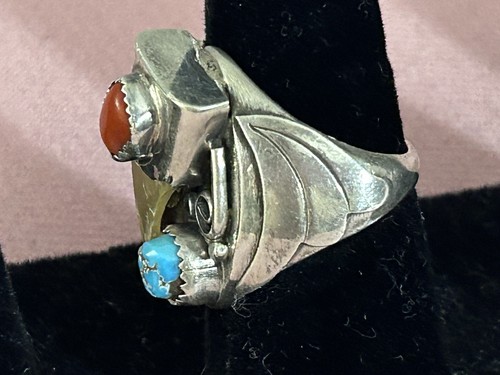 Vintage Indianer Sterlingsilber Türkis und Koralle Kralle Ring Größe 9,5 - Bild 2 von 8