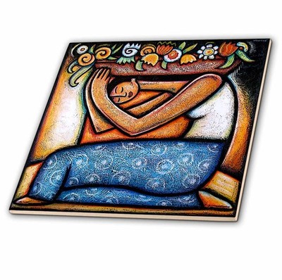 12 Inch Ceramic Tile - Flower Girl Mexican Art Colorful Designs Prints