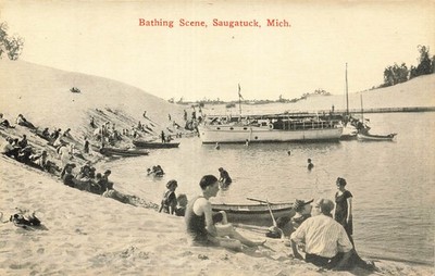 Saugatuck Michigan Mi ~ Bathing Scene-Beach Taxi-Cove Strand?~Postkarte