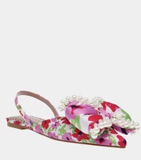 Betsey Johnson Camilo Pink Multi Floral Bow Pearl Slingback Flats Size 7 - NWOB