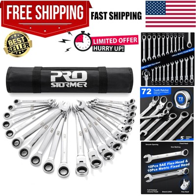 Ratcheting Combination Wrench Set, 20-Piece SAE & Metric Wrench Kit with Pouc...
