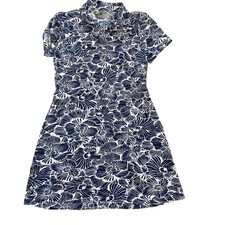 Maui Gold Navy White Floral Shift Dress Mesium Tropical Resort Wear Coastal Chic