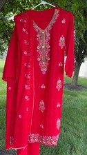 Pakistani Red Embroidered 3-Piece Lawn Suit Shalwar Kameez Dupatta Size S