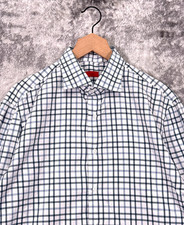 ISAIA Dress Shirt 17 / 43 Mens White  Gray Windowpane Check