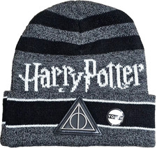 Harry Potter Deathly Hallows Youth Beanie Hat Striped Grey Black Wizarding World