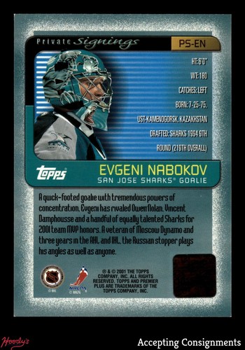 2000-01 Topps Premier Plus Private Signings #PSEN Evgeni Nabokov AUTO - Picture 2 of 2