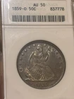 1859 O Seated Liberty Half Dollar Old Soapbox Anacs AU 50 Gorgeous Very Original