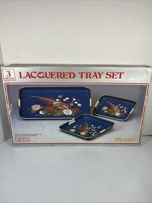 Vintage 3 Piece Hand Painted Lacquer Ware Nested Tray Set Pheasant & Florals NIB