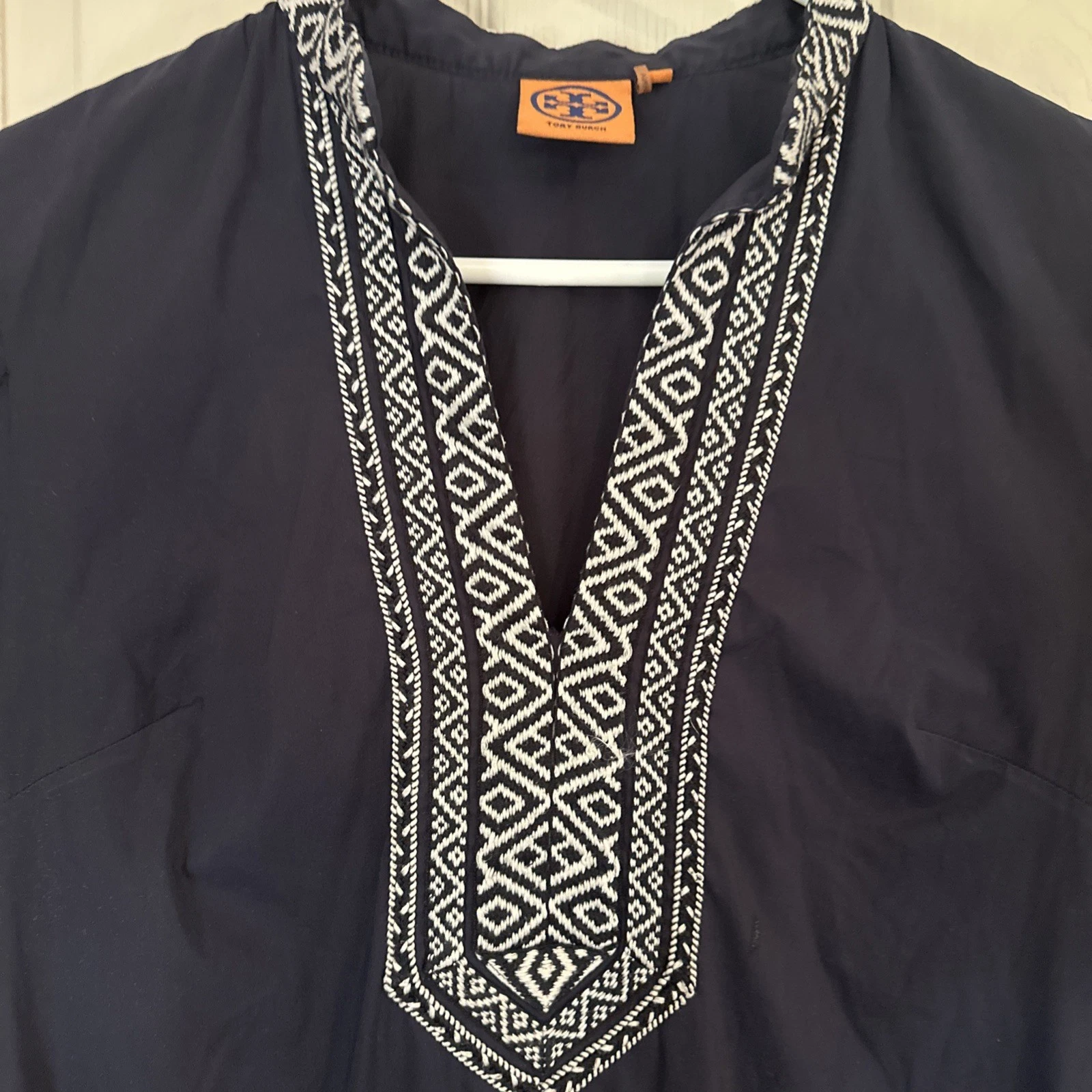 Abito tunica Tory Burch cotone ricamato blu navy resort boho estivo taglia 4