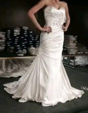 Champagne Ivory Trumpet Rich Satin Wedding Gown Train Flower Applique Sz L