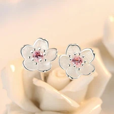 Pretty New Silver Plated Pink Crystal CZ Cherry Blossom Flower Stud Earrings