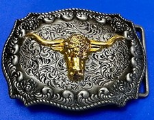 Western Bull Skull Texas Long Horns Rodeo Cow Silver  Gold Color Belt Buckle