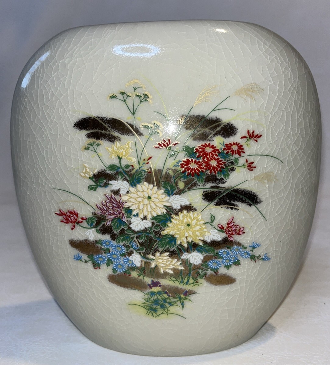 Vintage National Silver Co Porcelain Vase Floral Crackle Glaze