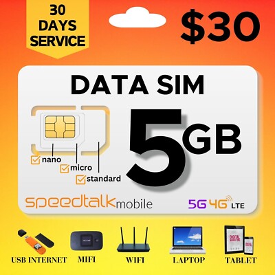 SpeedTalk Hotspot WiFi MiFi Internet 5G 4G LTE Data SIM Card 5GB (US) | Roaming