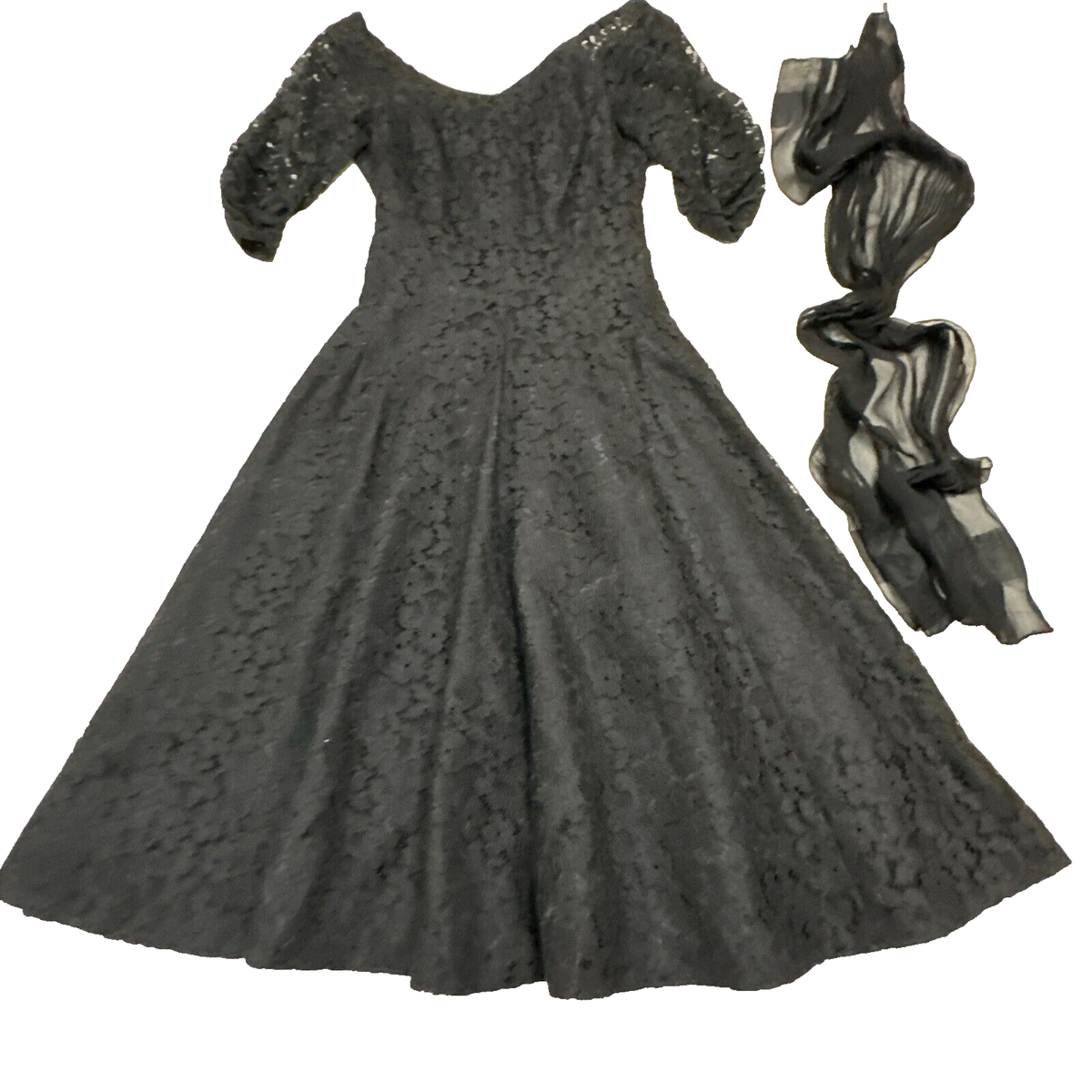 Vintage 1940s 1950s Black Lace Party Dress XS w/ Sheer Scarf Vintage 1940s 1950s Black Lace Party Dress XS w/ Sheer Scarf