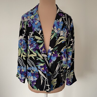 Elizabeth & James Black Silk Multicolor Floral Blazer 3/4 Sleeve Jacket Size 2