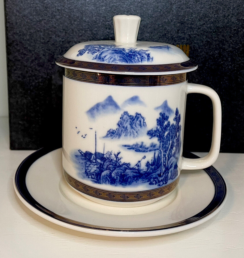 Japanese Tea Cup with Lid and Saucer Colbalt Blue Scenery & Gold Trim