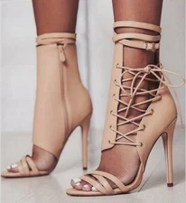 Sexy Women Ankle Strappy Boots Zipper High Heels Stiletto Lace Up Peep-Toe Shoes