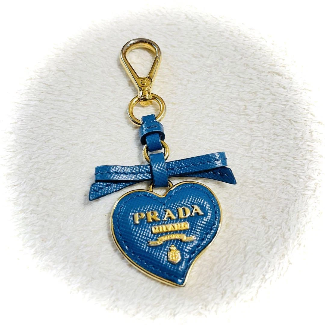 PRADA Saffiano Blue Heart Bag Charm Key Ring Keychain W/Box