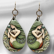 Mermaid Art Nouveau Style Teardrop Fantasy Sea Life Earrings NO TARNISH Wood